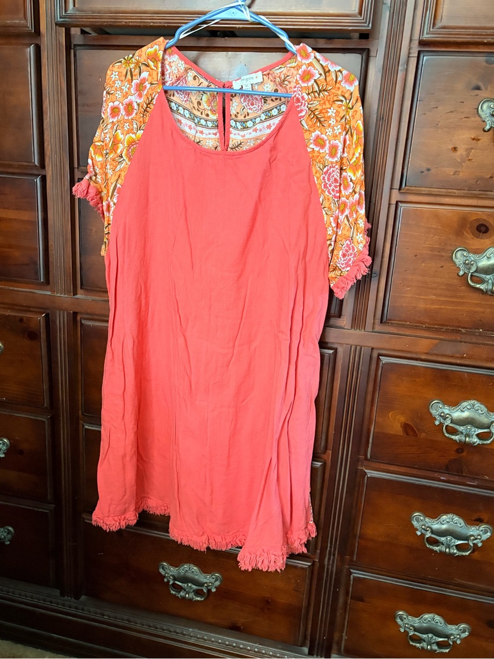 Umgee Coral Midi Dress with Orange Floral Sleeve Detail